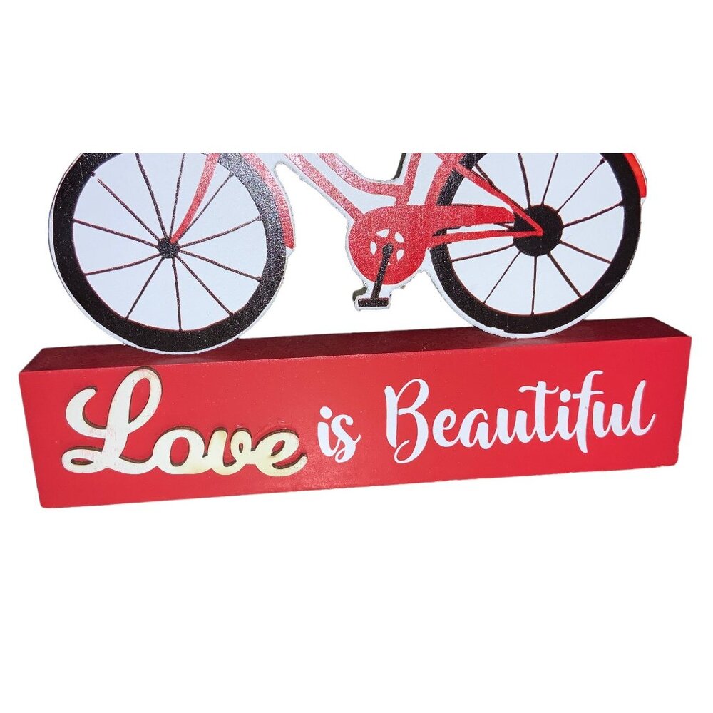 Red Bicycle Valentines Day Decorative Wooden Stand Love Is Beautiful - Picture 3 of 10